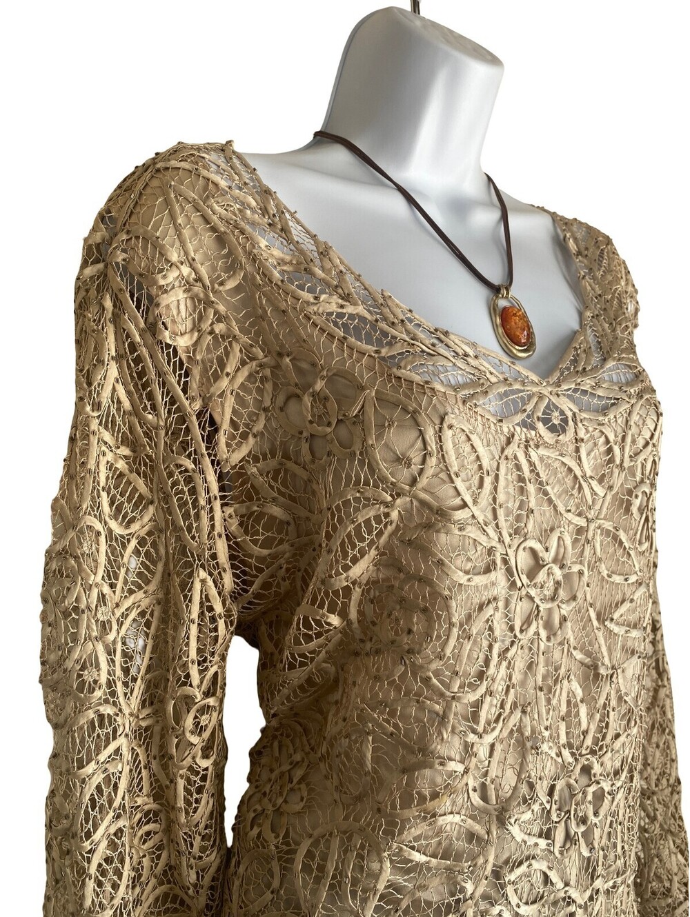 100% Silk VTG Soulmates XL Lace Tunic Blouse Handcrafted Elegant Boho Festival - Picture 2 of 8